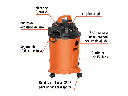 Aspiradora para Sólidos y Líquidos Truper ASP-04 101508 3 HP 15 Litros 110V - Foto 2 | aztools.co