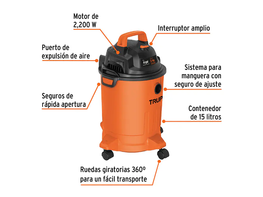 Aspiradora para Sólidos y Líquidos Truper ASP-04 101508 3 HP 15 Litros 110V - Foto 2 | aztools.co