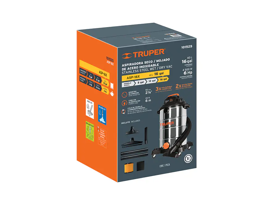 Aspiradora en acero inoxidable Truper 101525, 16 Galones - Foto 4 | aztools.co