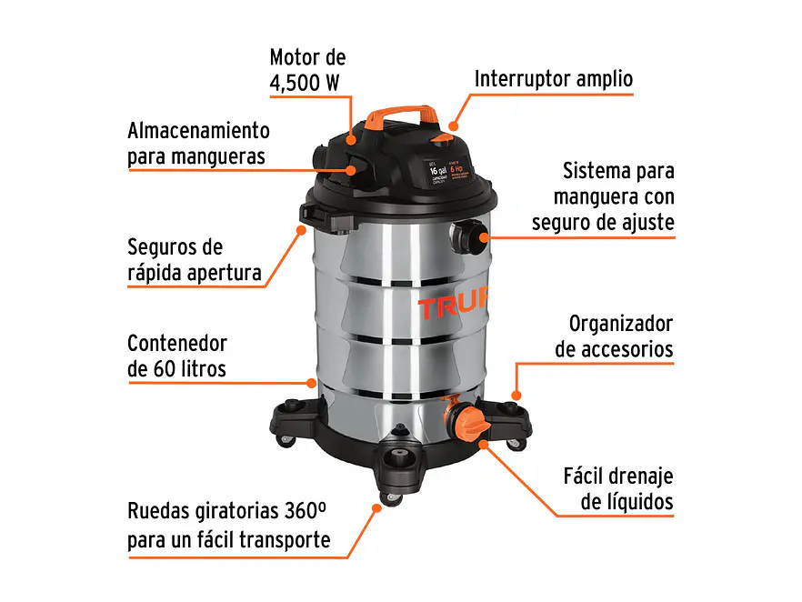 Aspiradora en acero inoxidable Truper 101525, 16 Galones - Foto 2 | aztools.co
