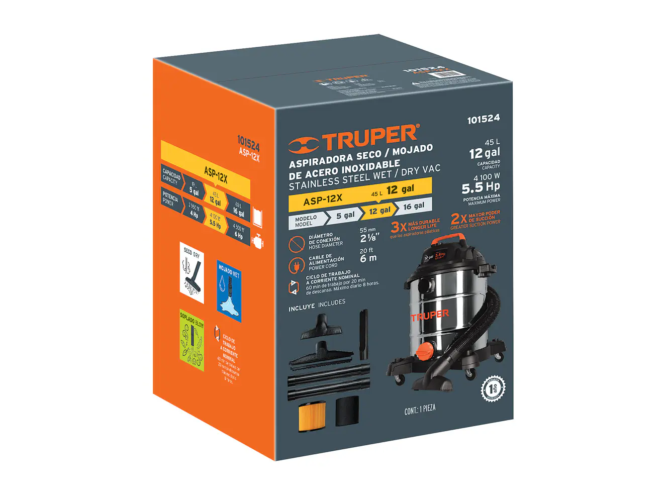 Aspiradora en acero inoxidable Truper 101524, 12 Galones - Foto 4 | aztools.co