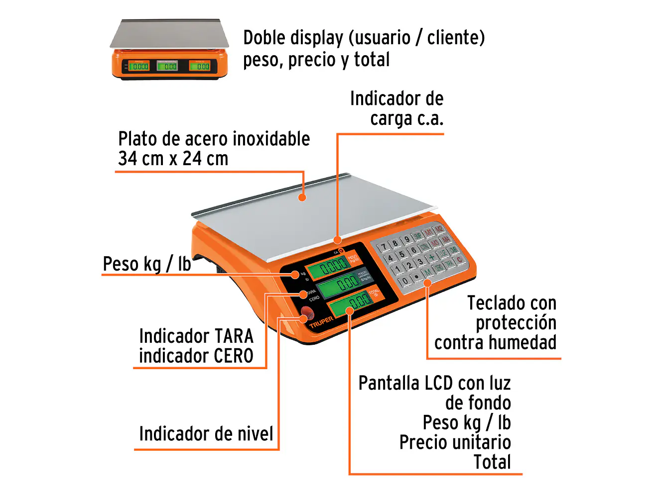 Báscula electrónica multifunciones Truper 15241 capacidad 40 kg  - Foto 4 | aztools.co