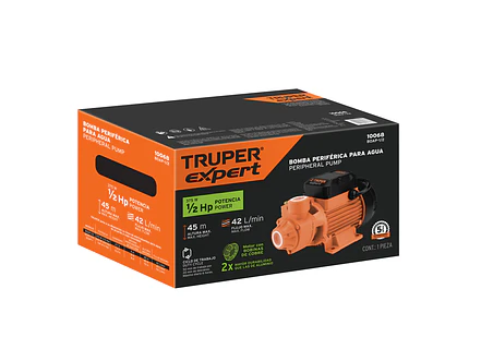 Bomba Eléctrica Periférica Truper 10068: 1/2 HP, 45m altura, 42 L/min flujo, 8m succión, 3,450 rpm.  - Foto 10 | aztools.co