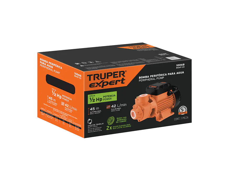 Bomba Eléctrica Periférica Truper 10068: 1/2 HP, 45m altura, 42 L/min flujo, 8m succión, 3,450 rpm.  - Foto 10 | aztools.co