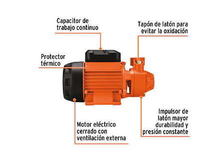 Bomba Eléctrica Periférica Truper 10068: 1/2 HP, 45m altura, 42 L/min flujo, 8m succión, 3,450 rpm.  - Foto 4 | aztools.co