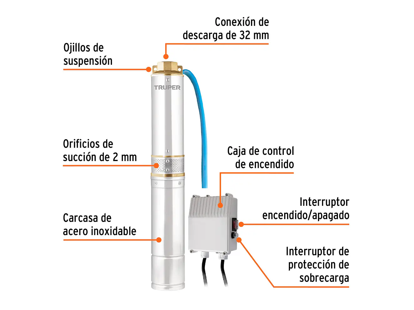 Bomba Sumergible Truper 16933 Tipo Lapicero de 1.1/4, 1/2 HP  - Altura Máxima de Bombeo de 30m - Foto 3 | aztools.co