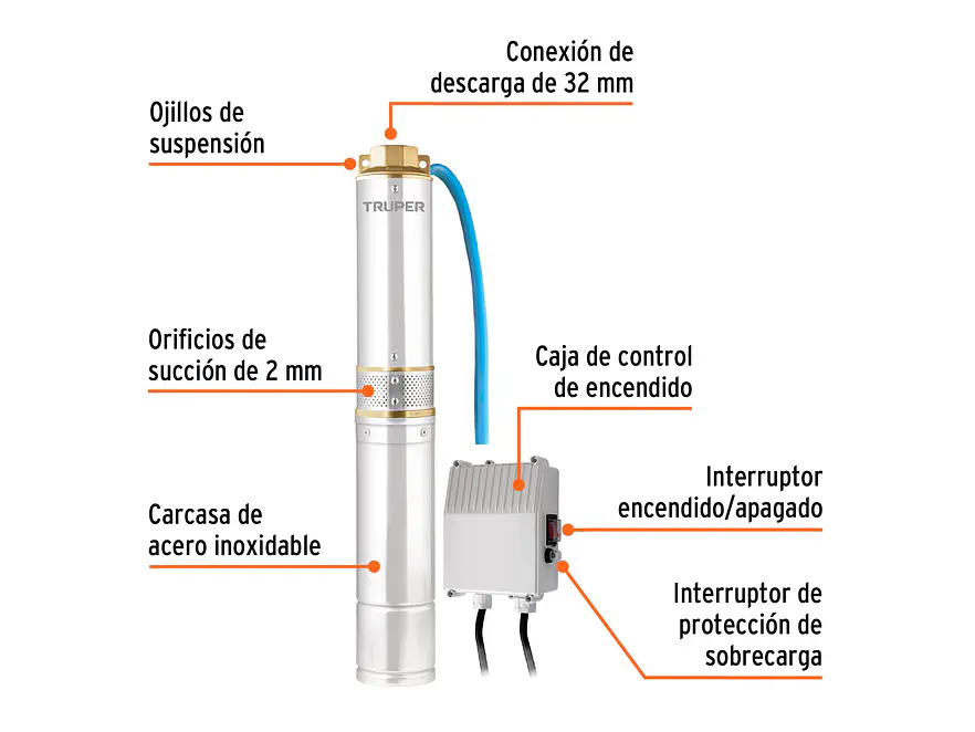 Bomba Sumergible Truper 16933 Tipo Lapicero de 1.1/4, 1/2 HP  - Altura Máxima de Bombeo de 30m - Foto 3 | aztools.co