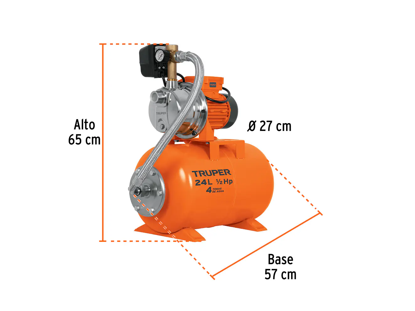 Bomba Hidroneumática Truper BOHI-24 10077 1/2 HP Tanque 24 Litros 28m Altura 4 Tomas 110V - Foto 2 | aztools.co