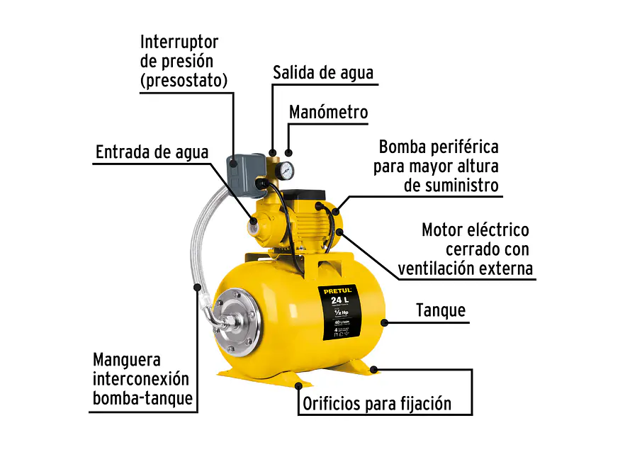 Bomba hidroneumática  Pretul 20183 1/2 HP, 24 L - Foto 3 | aztools.co