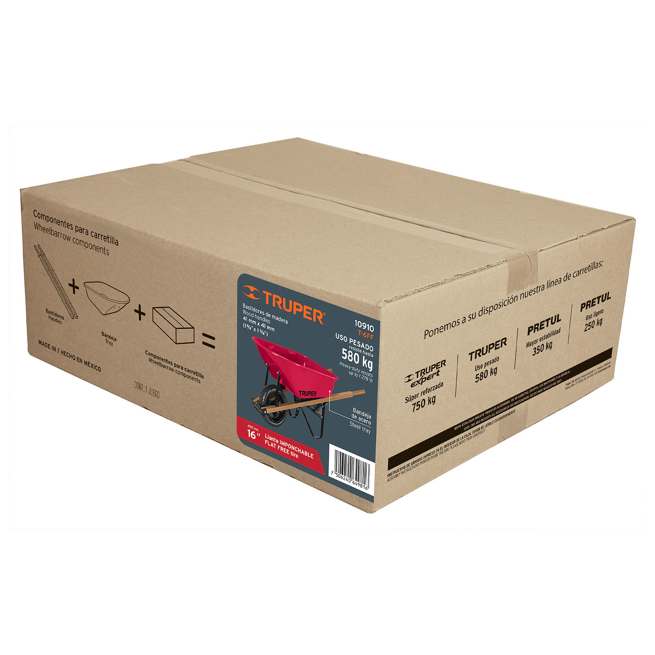 Carretilla 6 ft3, Truper 10910, mangos madera 1-3/4