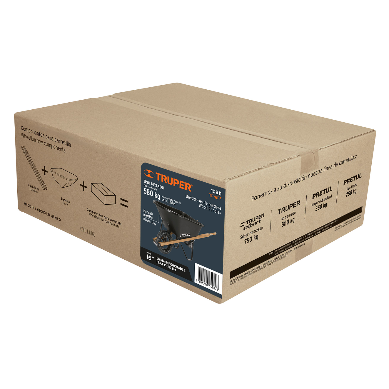Carretilla 6ft3, platón plástico Truper 10911, mangos de madera  1-3/4