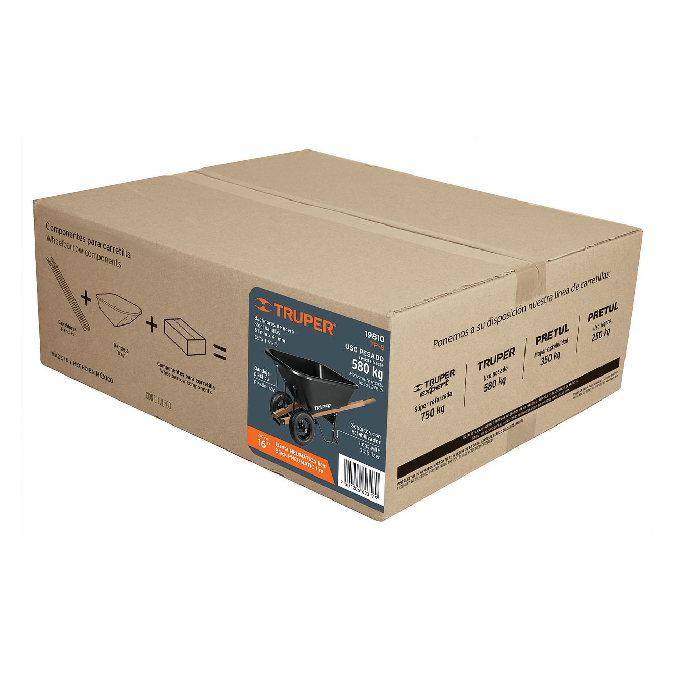 Carretilla Plastica 8ft3 Truper 19810, Llanta ND 16', Mango Madera 41x51mm