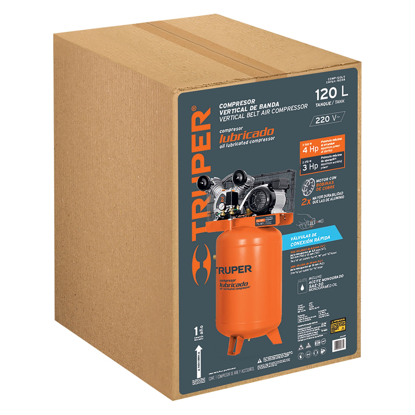 Compresor vertical 120 L Truper 19358, 4 HP potencia máxima , 220 V