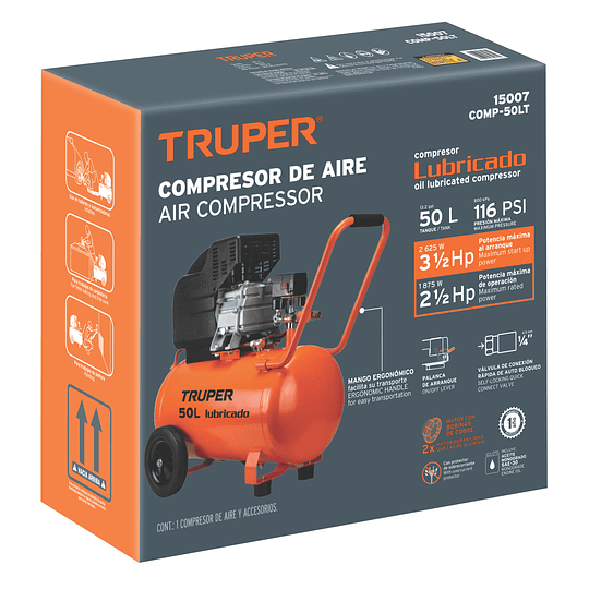 Compresor 50 L, lubricado, 3-1/2HP (potencia máxima), 120 V TRUPER 15007