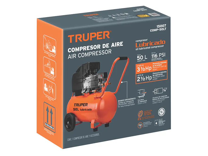 Compresor de aire 50 Litros Truper 15007, lubricado, 3-1/2HP potencia máxima, 120 V  - Foto 4 | aztools.co