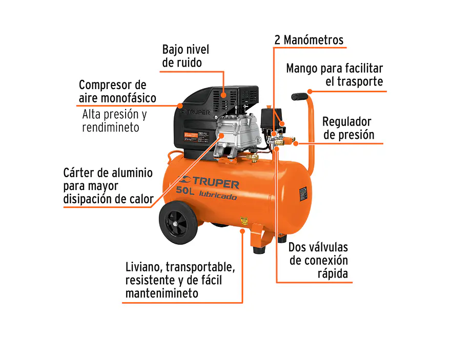 Compresor de aire 50 Litros Truper 15007, lubricado, 3-1/2HP potencia máxima, 120 V  - Foto 3 | aztools.co