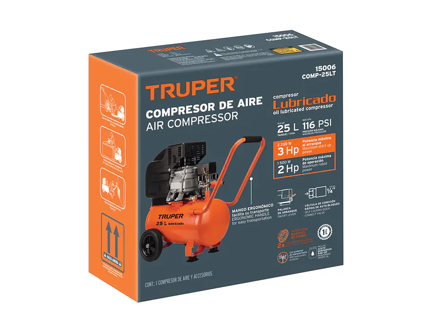 Compresor Truper 15006 Horizontal 25L 3HP 127V  - Foto 4 | aztools.co