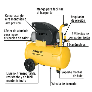 Compresor Pretul 23066, 40 L, 3 HP potencia máxima , 127 V, 