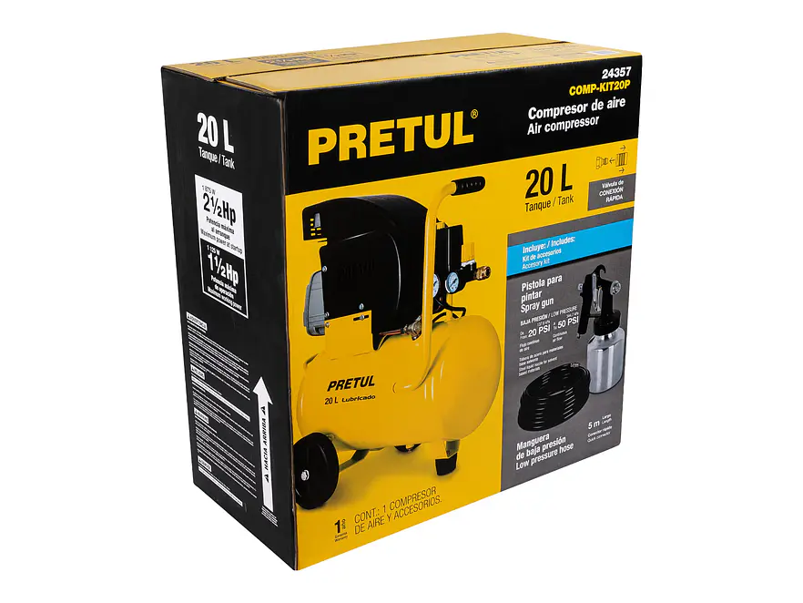 Kit, compresor 20L Pretul 24357, 2-1/2 HP,manguera PVC y pistola, - Foto 4 | aztools.co