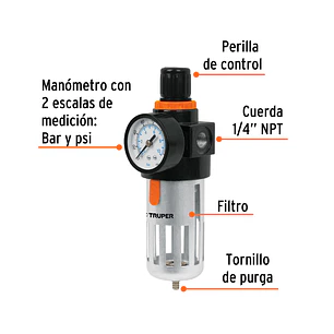 Filtro y regulador de aire 1/4 npt Truper 18238