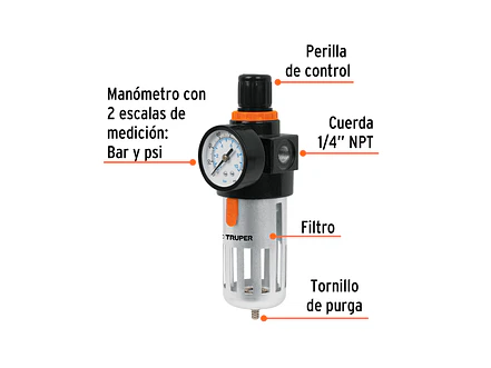 Filtro y regulador de aire 1/4 npt Truper 18238 - Foto 2 | aztools.co