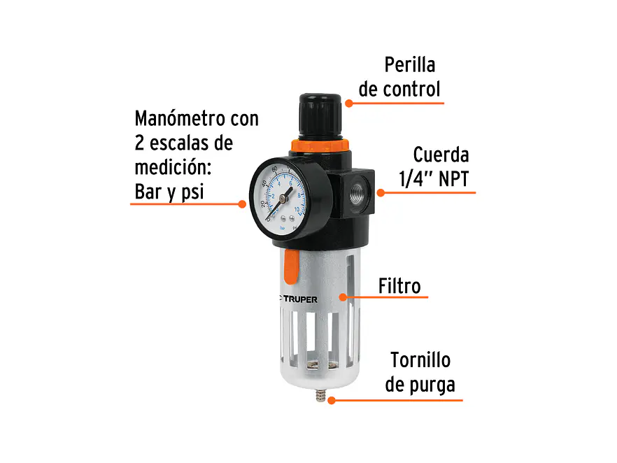 Filtro y regulador de aire 1/4 npt Truper 18238 - Foto 2 | aztools.co