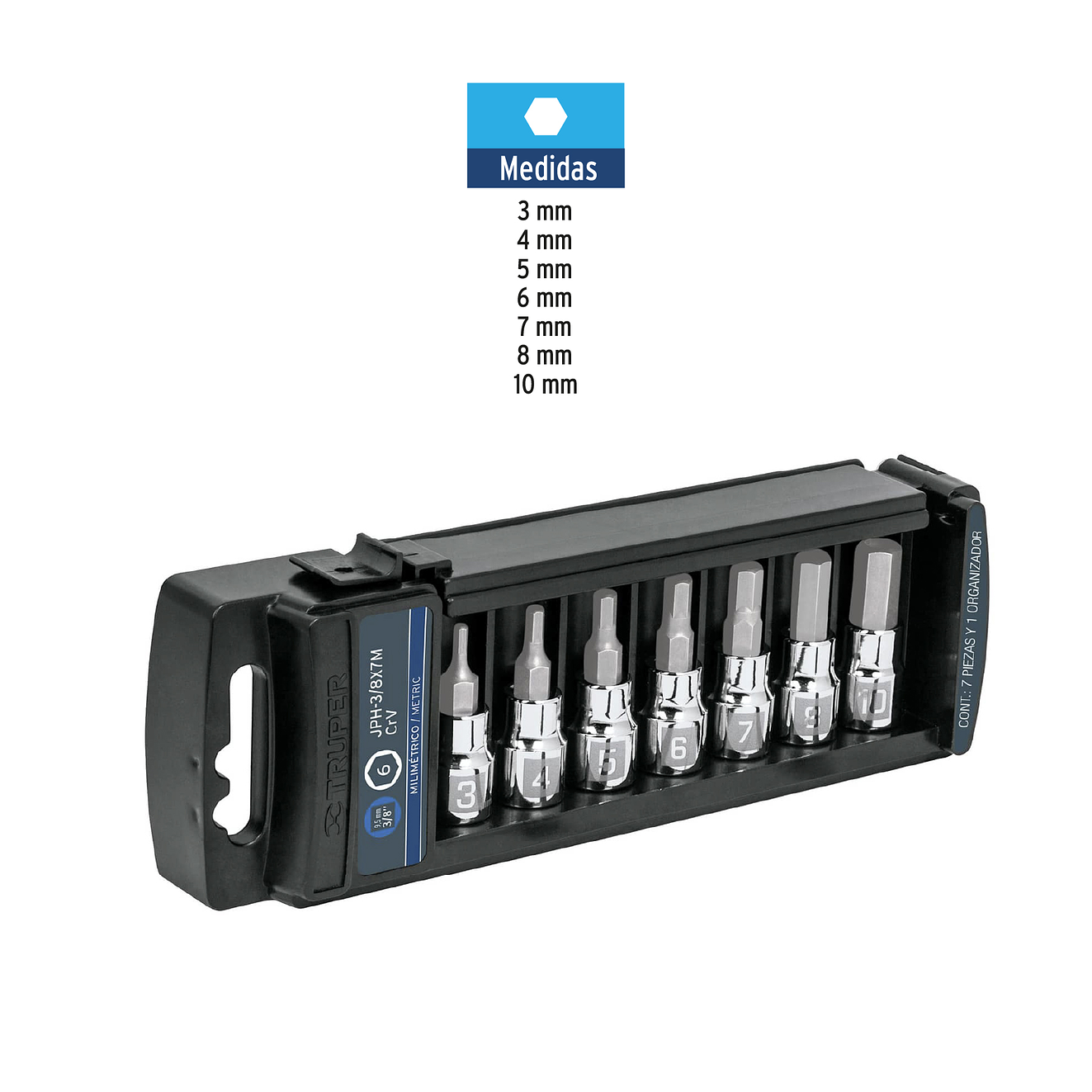 Juego de copas, punta hexagonal, mando 3/8