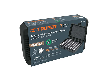 Juego 7 dados punta larga bristol M5 a M16x100mm Truper 101306, cuadro 1/2
