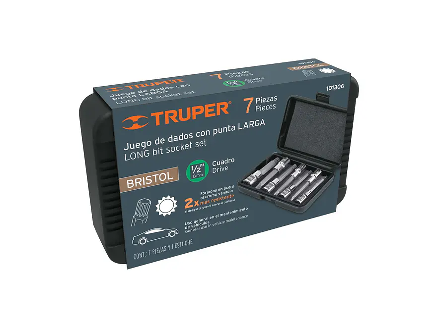 Juego 7 dados punta larga bristol M5 a M16x100mm Truper 101306, cuadro 1/2