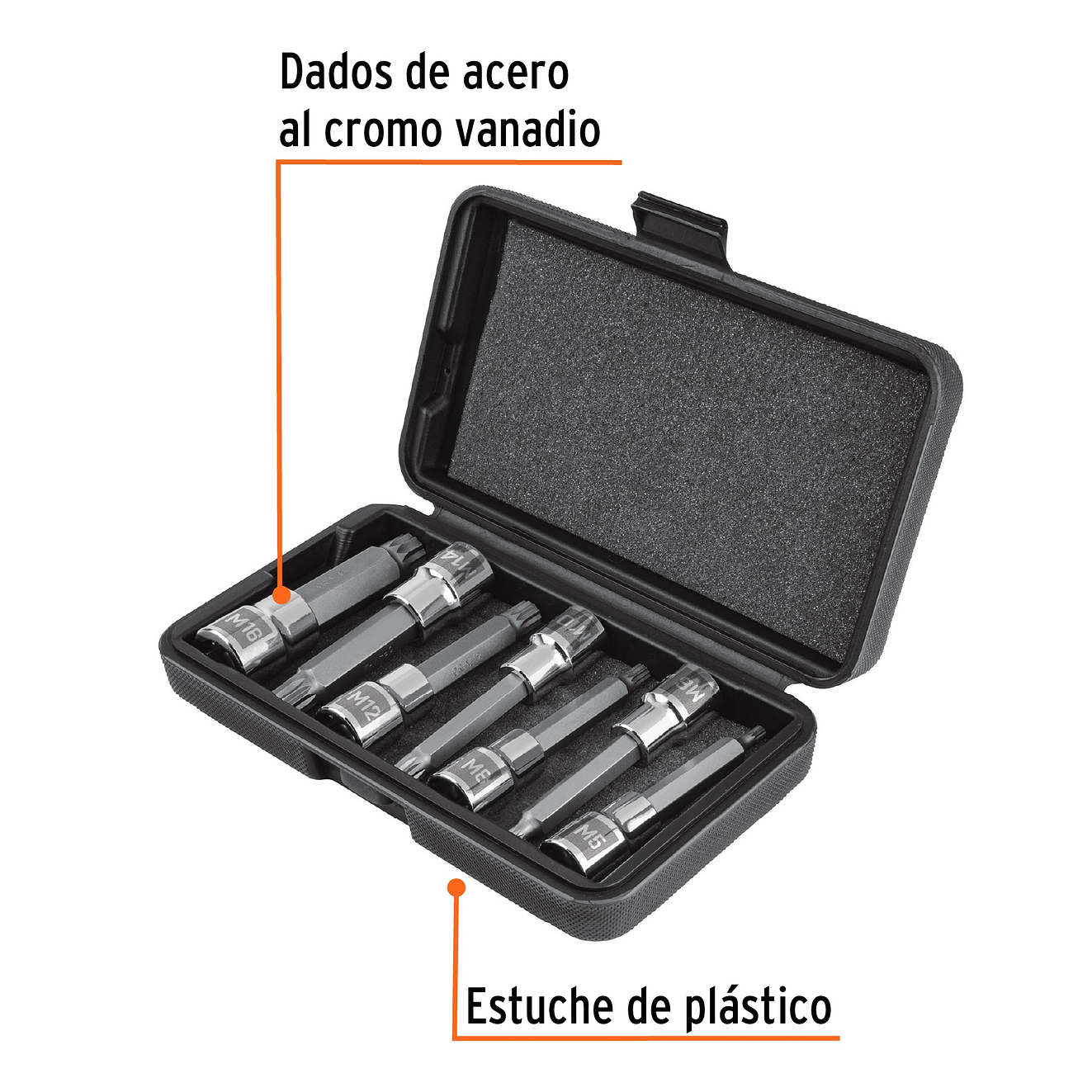 Jgo 7 dados punta larga bristol M5 a M16x100mm,cuadro 1/2'