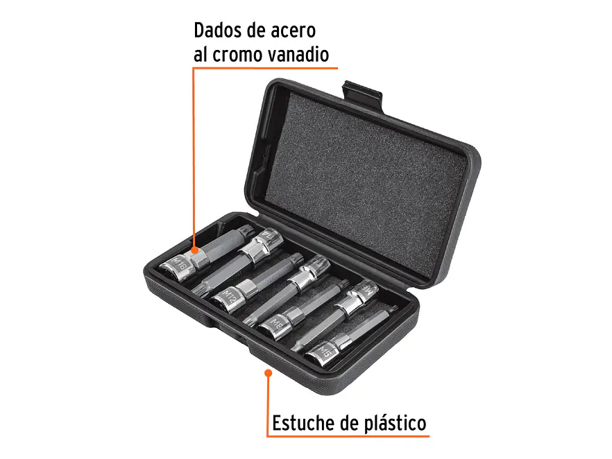 Juego 7 dados punta larga bristol M5 a M16x100mm Truper 101306, cuadro 1/2