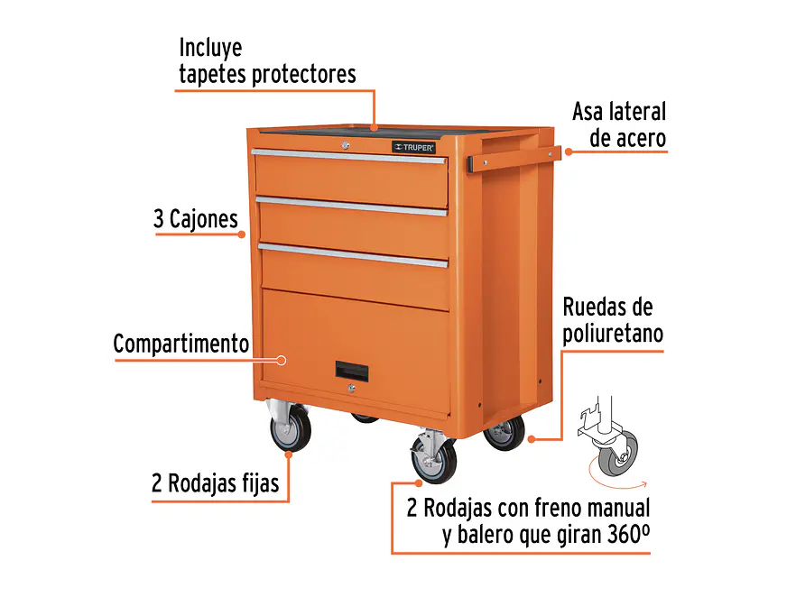 Gabinete metálico móvil, 4 cajones, capacidad 90 kg. Truper 12066 - Foto 3 | aztools.co