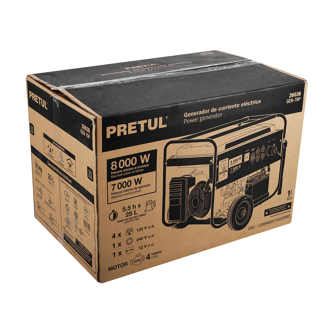 Generador eléctrico con motor a gasolina  Pretul 26036, 8 kW, 6