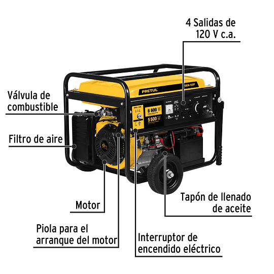 Generador eléctrico con motor a gasolina, 6.6 kW, Pretul