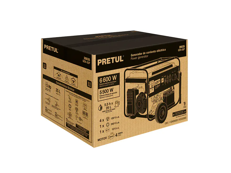 Planta Eléctrica Portátil PRETUL 26035 GEN-66P 6600W Gasolina (13 HP) - Foto 6 | aztools.co
