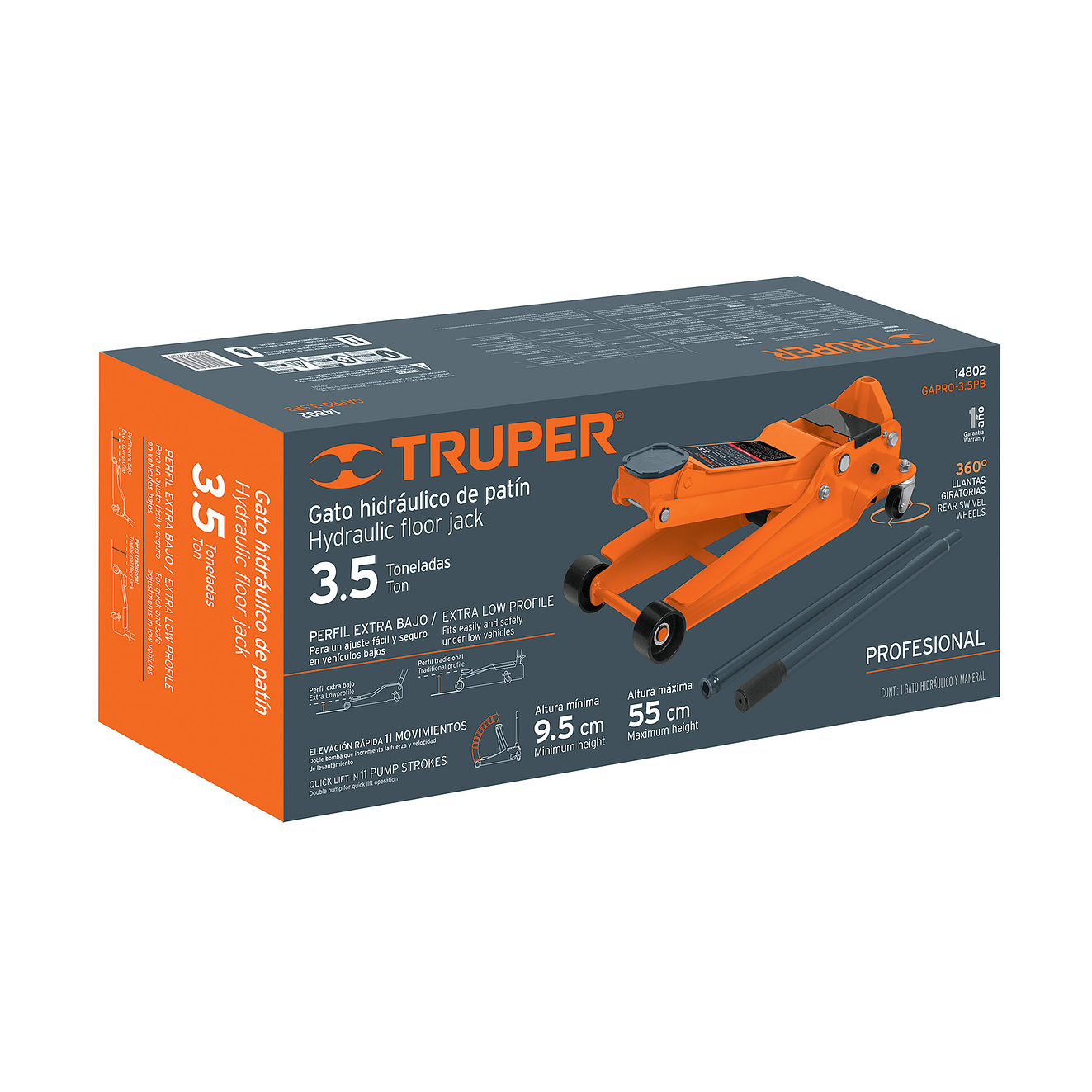 Gato hidráulico tipo zorra profesional Truper 14802, 3.5 ton, elevación rápida  4