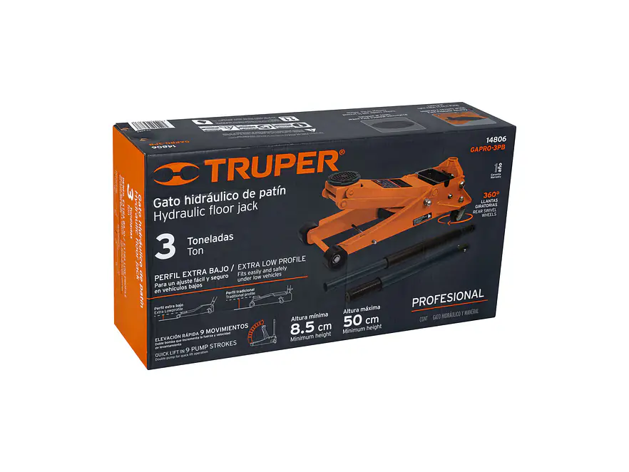 Gato hidráulico profesional de patín Truper 14806, 3 ton, elevación rápida - Foto 4 | aztools.co