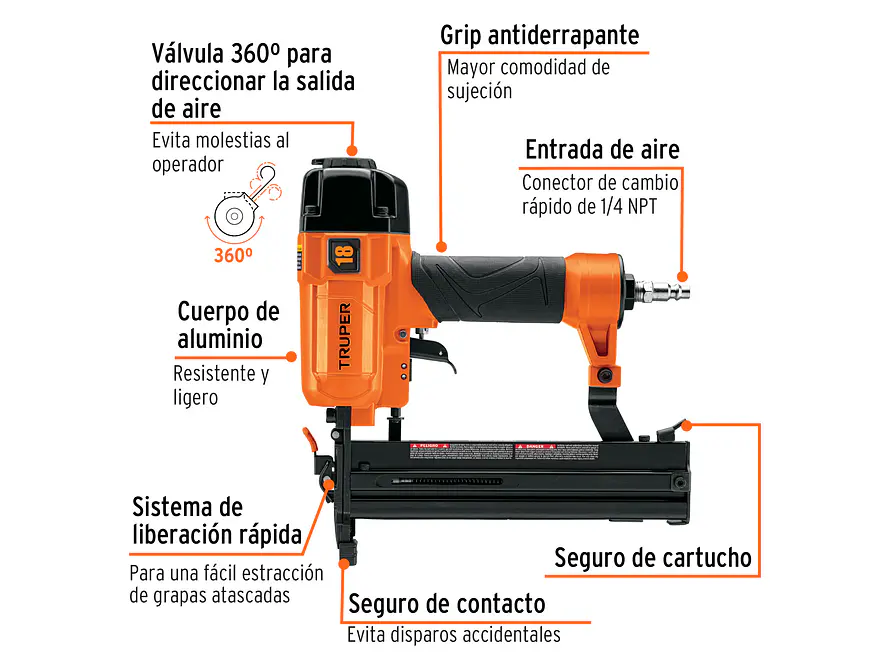 Grapadora neumática Truper 13176, calibre 18, 1.24 mm  - Foto 2 | aztools.co