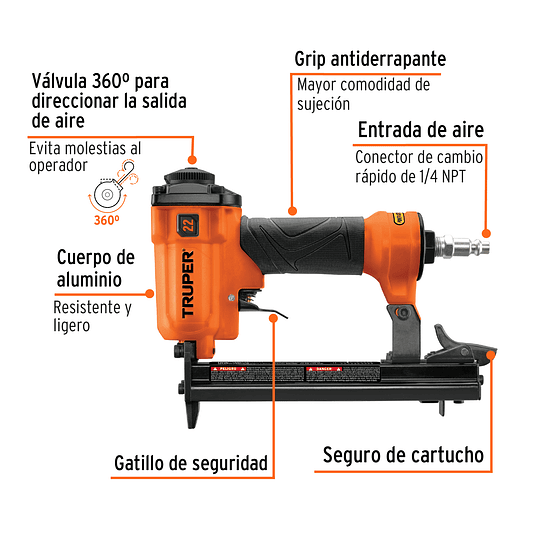 Grapadora neumatica, calibre 22, 0.71 mm TRUPER 13177