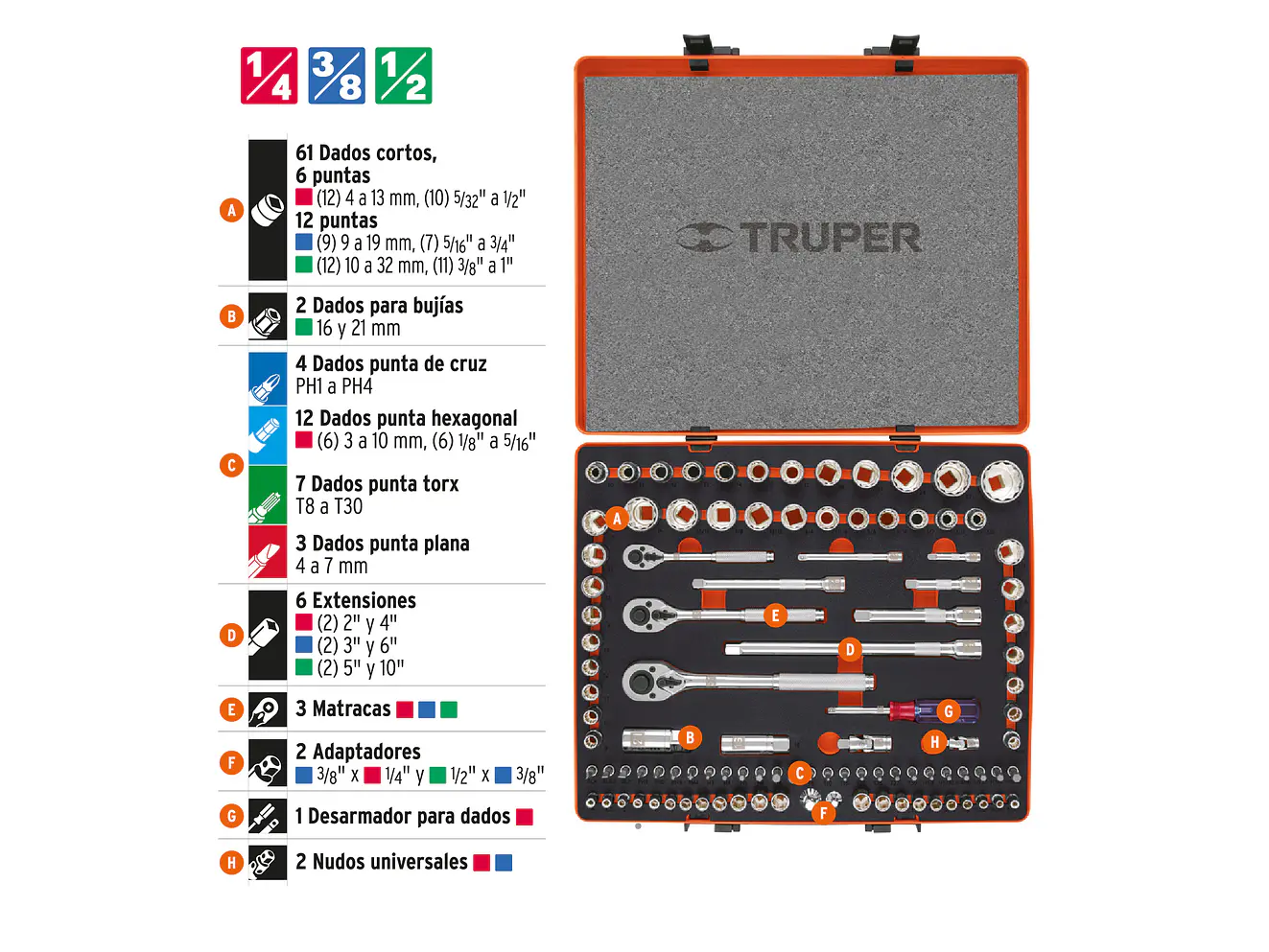 Juego de 103 piezas mixto Truper 12893, 1/4