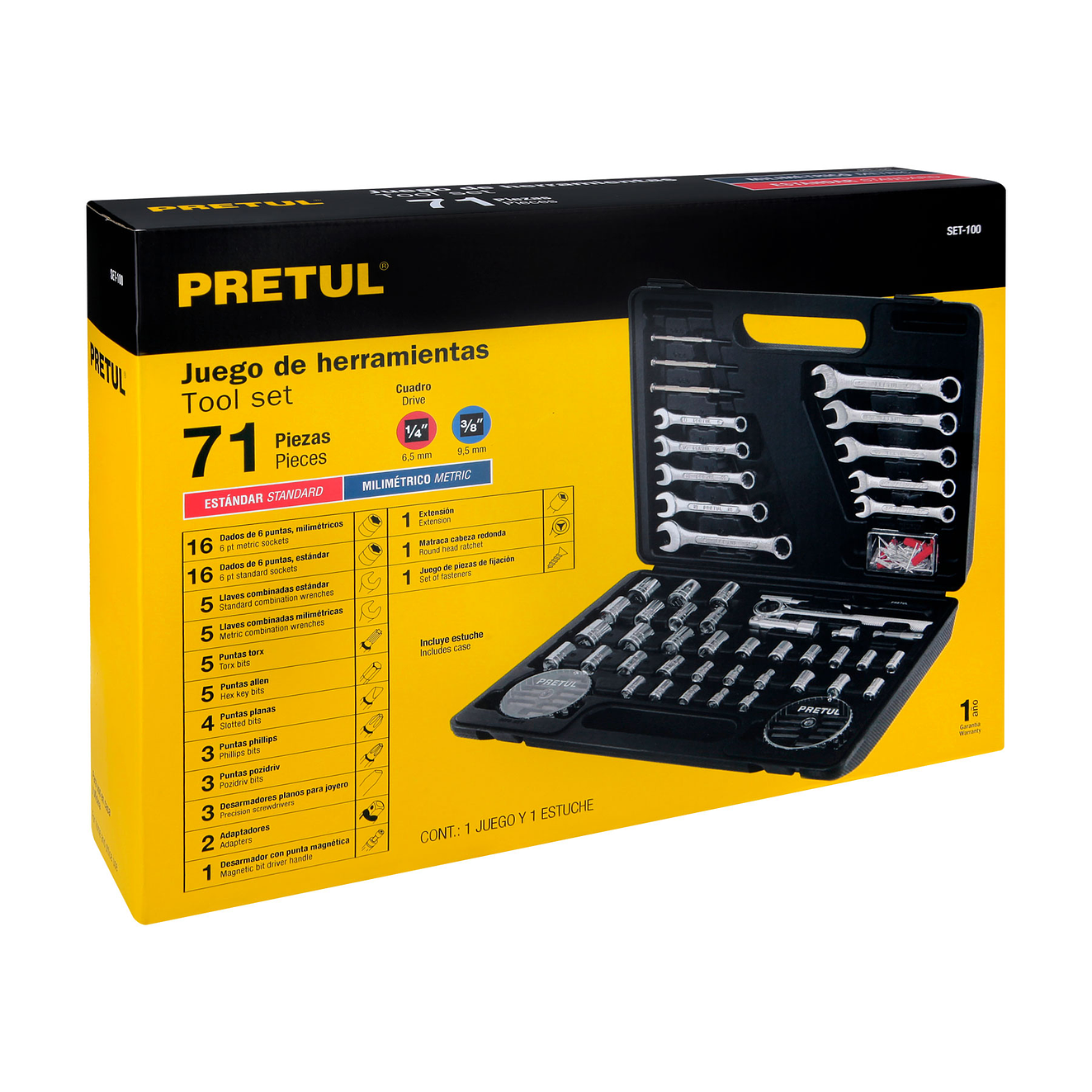 Juego de herramientas y copas Pretul 22980 1/4 y 3/8  71 piezas  SET-100  5