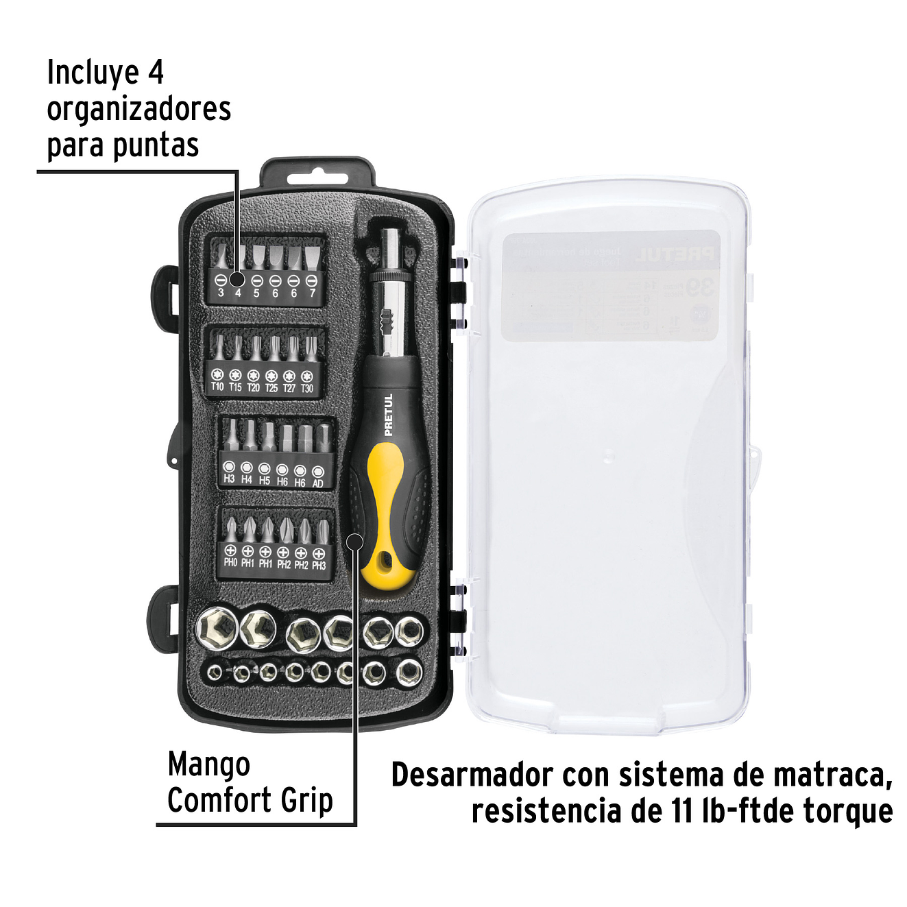 Juego de ratchet Pretul 23971, copas y puntas, 39 piezas,  2