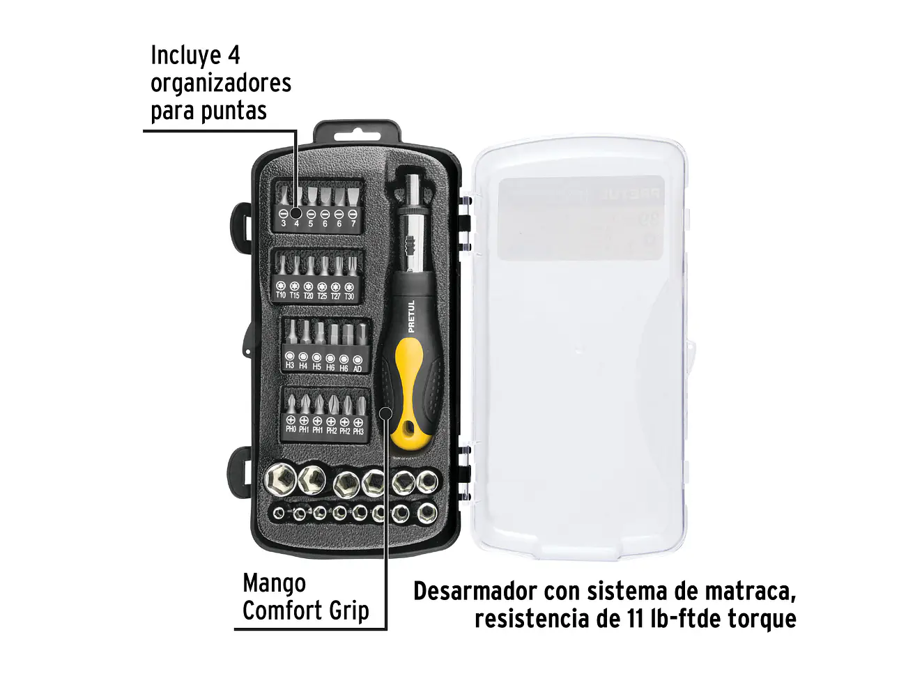 Juego de ratchet Pretul 23971, copas y puntas, 39 piezas,  - Foto 2 | aztools.co