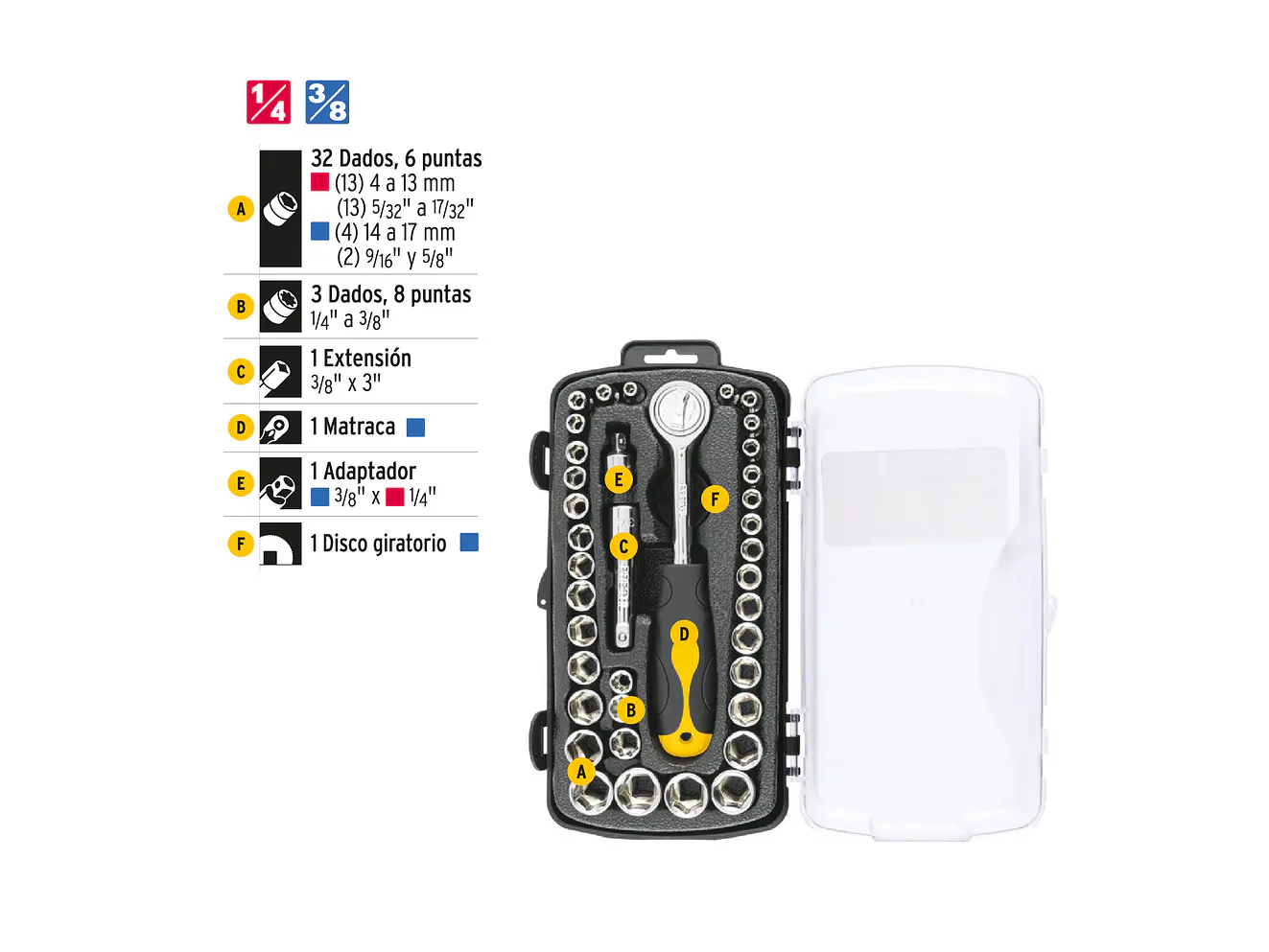 Juego de ratchet y copas Pretul 23969, 39 piezas,  - Foto 3 | aztools.co