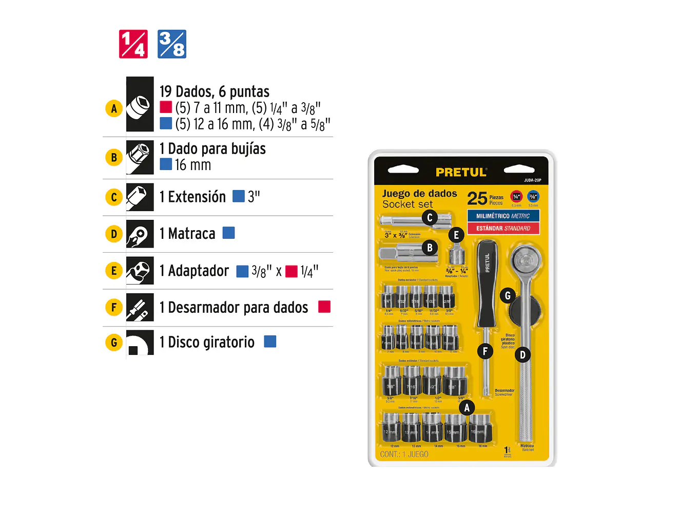 Juego de mecánico Pretul 23974, 25 piezas,  - Foto 3 | aztools.co