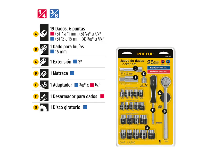 Juego de mecánico Pretul 23974, 25 piezas,  - Foto 3 | aztools.co