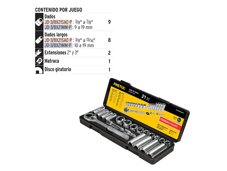 Juego de mecánico Pretul 21191, 21 piezas 3/8