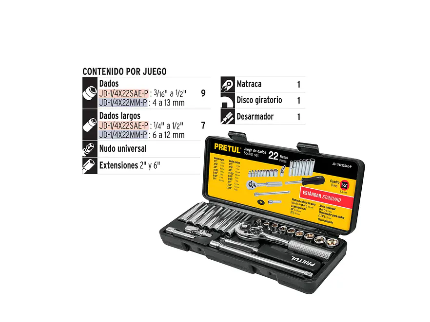 Juego de herramienta para mecánico Pretul 23980, 22 piezas 1/4