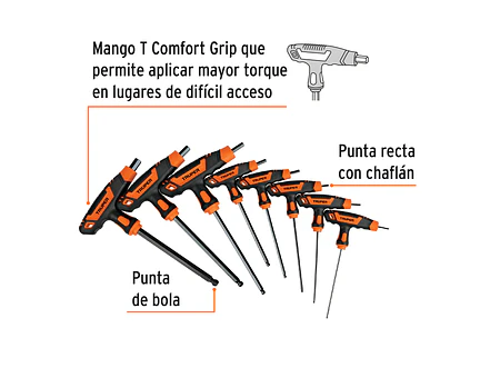 Juego de 8 llaves allen mango T Truper 100933, punta de bola,2 a 10 mm
