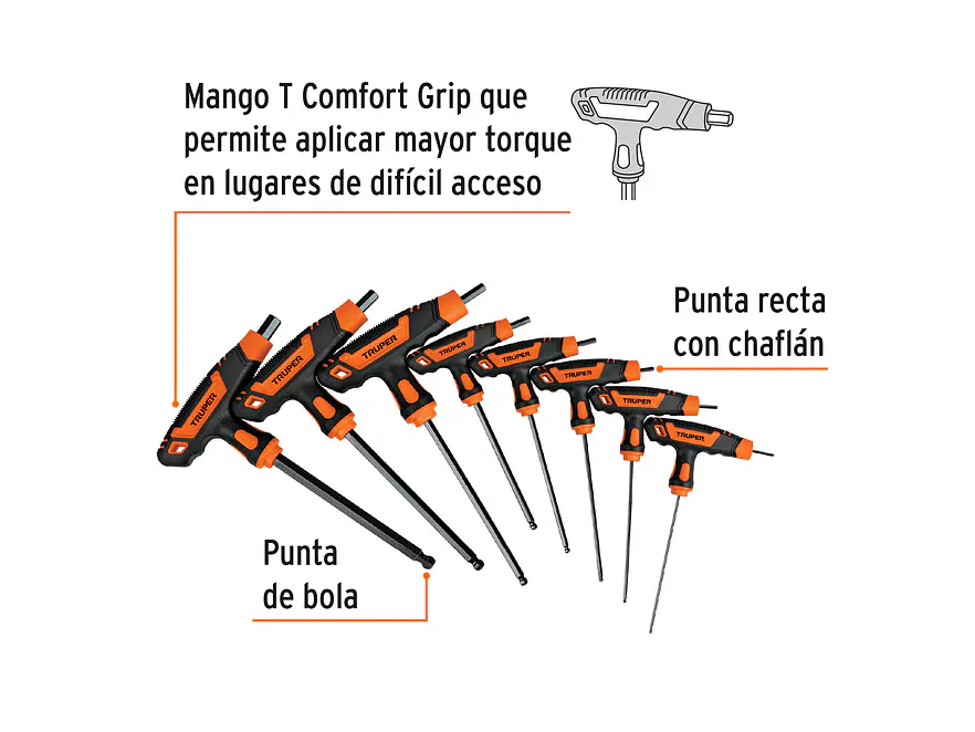Juego de 8 llaves allen mango T Truper 100933, punta de bola,2 a 10 mm